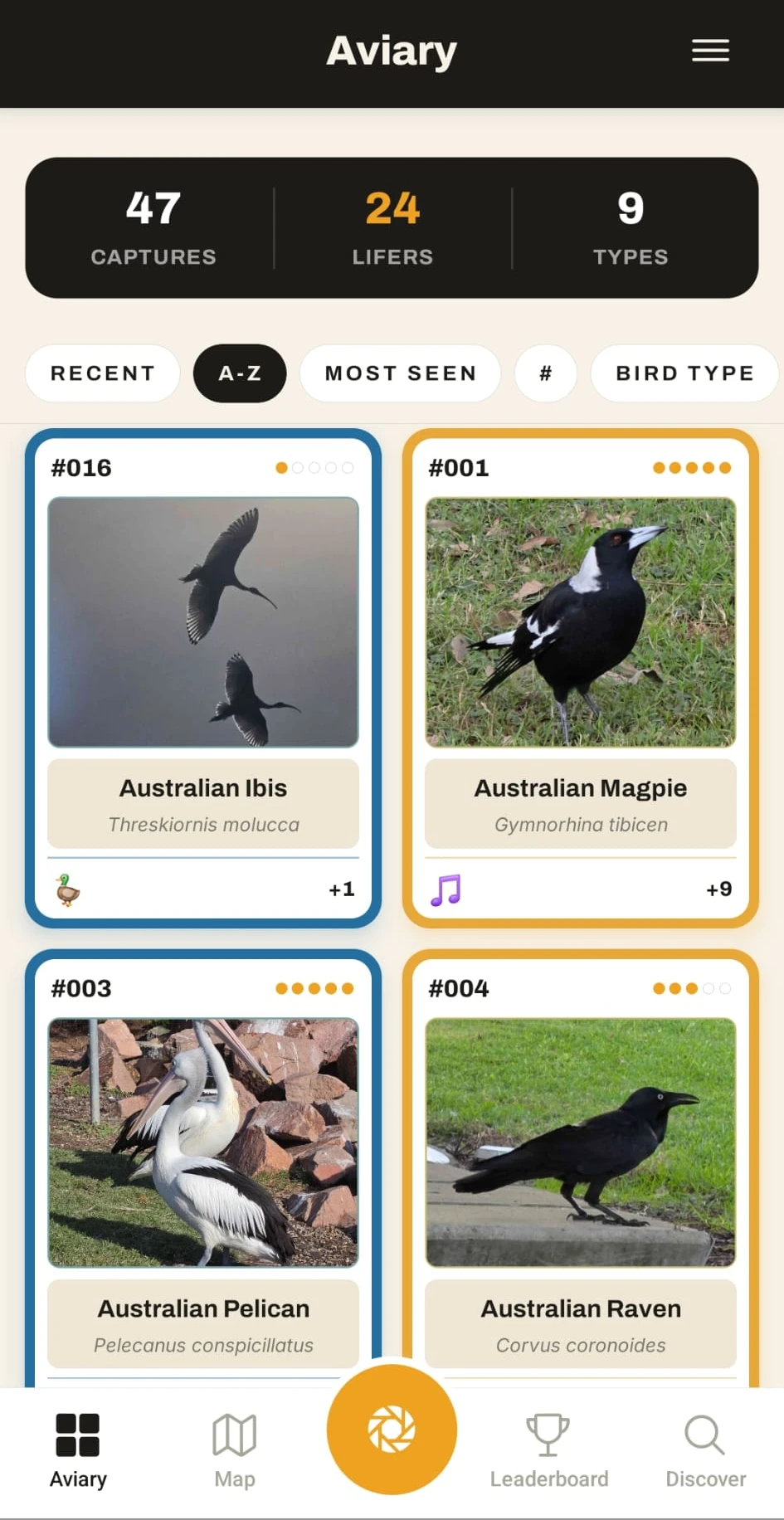 The Lifer aviary — a grid of captured bird cards with a dark stat band showing 35 captures, 16 lifers, 6 bird types